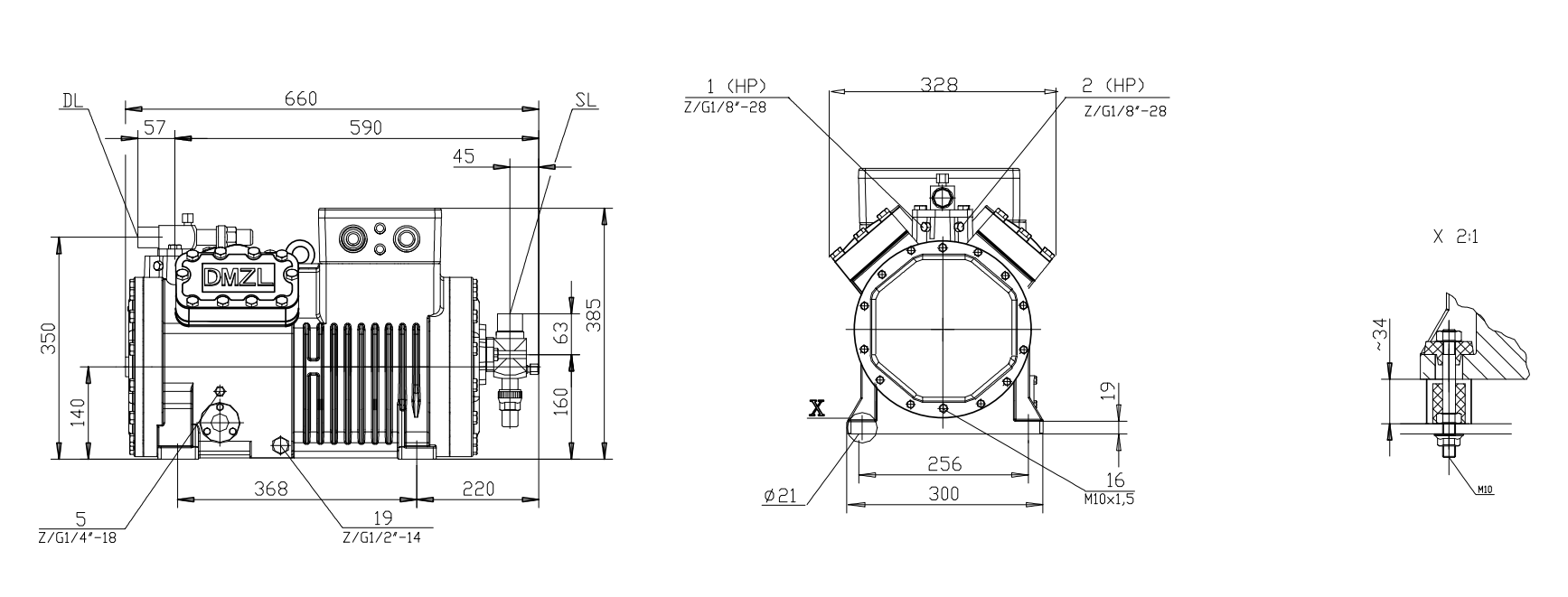 DMZL 4-Cylinder Semi-Hermetic Compressor 8-20HP Compressor semi-hermético de 4 cilindros DMZL 8-20HP