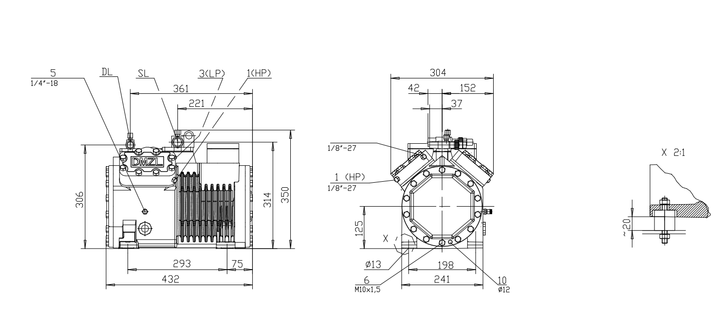 Compressor de pist&atilde;o semi-herm&eacute;tico de 4 cilindros DMZL