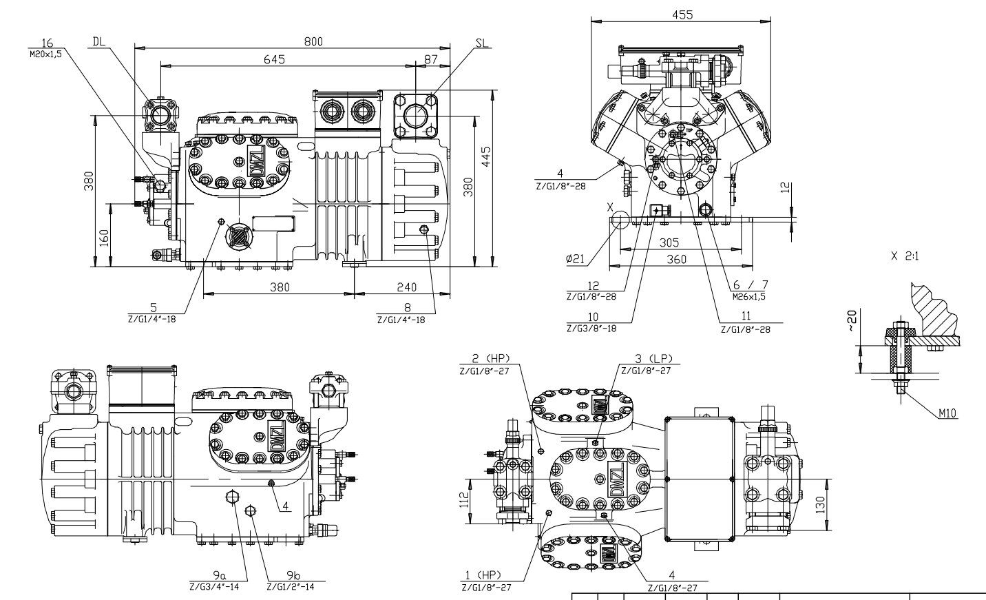 DMZL 6-Cylinder Semi-Hermetic Piston Compressor 20-50HP Compressor de pistão semi-hermético de 6 cilindros DMZL 20-50HP
